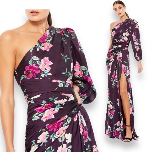Ieena Mac Duggal Purple Plum Floral One Sleeve Satin Full Length Gown